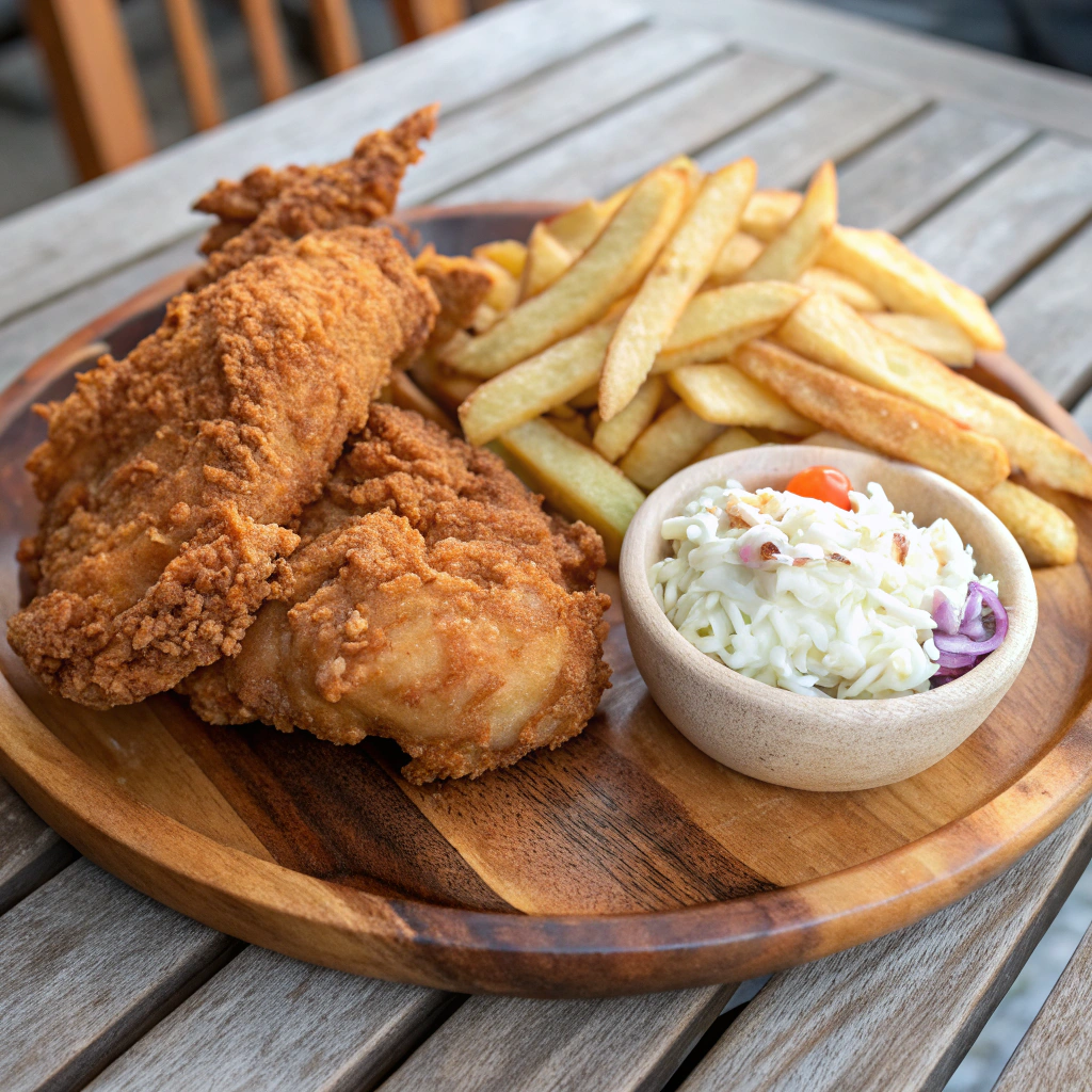 For the cover image: "Final dish of crispy Obama Fried Chicken with fries and coleslaw served on a wooden plate"