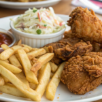 Kennedy Fried Chicken meal with crispy fried chicken, seasoned fries, coleslaw, and dipping sauce