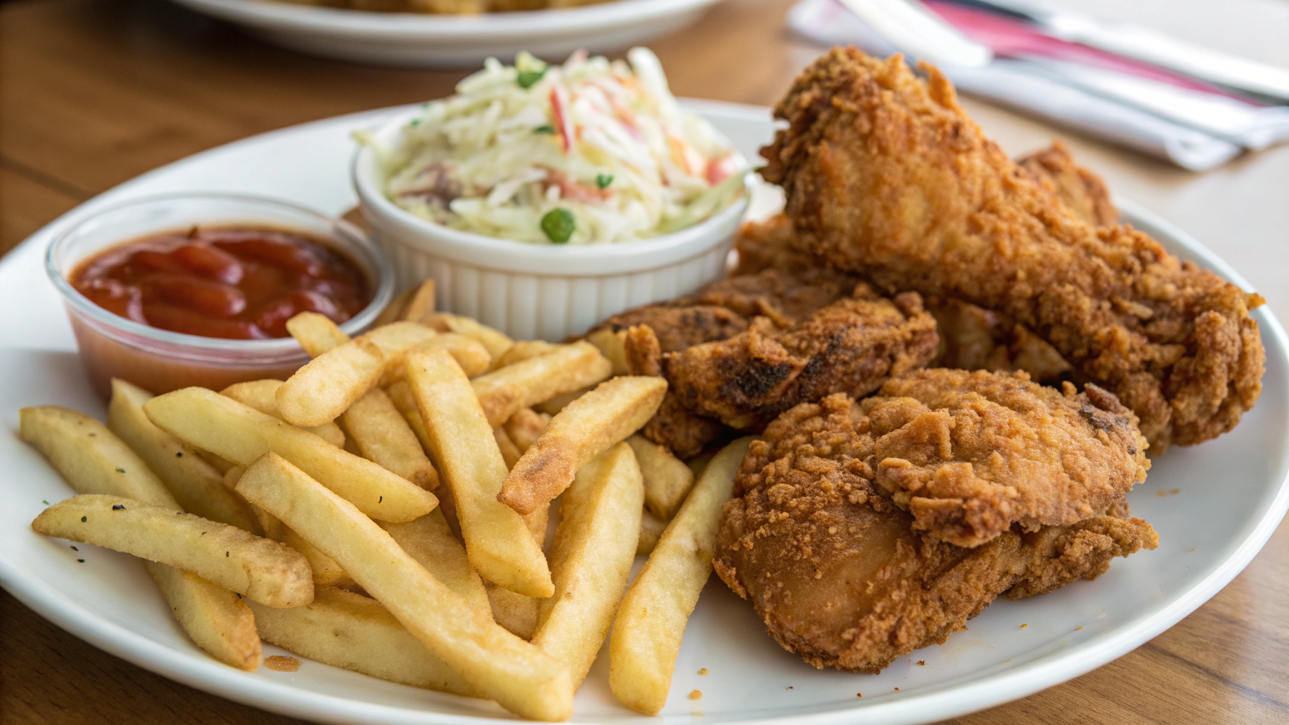 Kennedy Fried Chicken meal with crispy fried chicken, seasoned fries, coleslaw, and dipping sauce