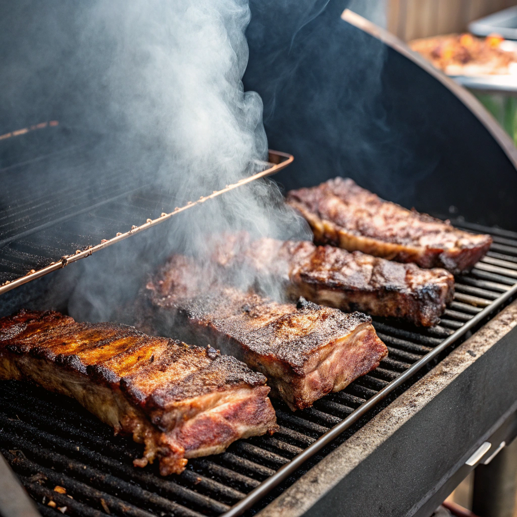 "Grilling barbecue beef ribs on a smoker, showcasing the slow cooking process"