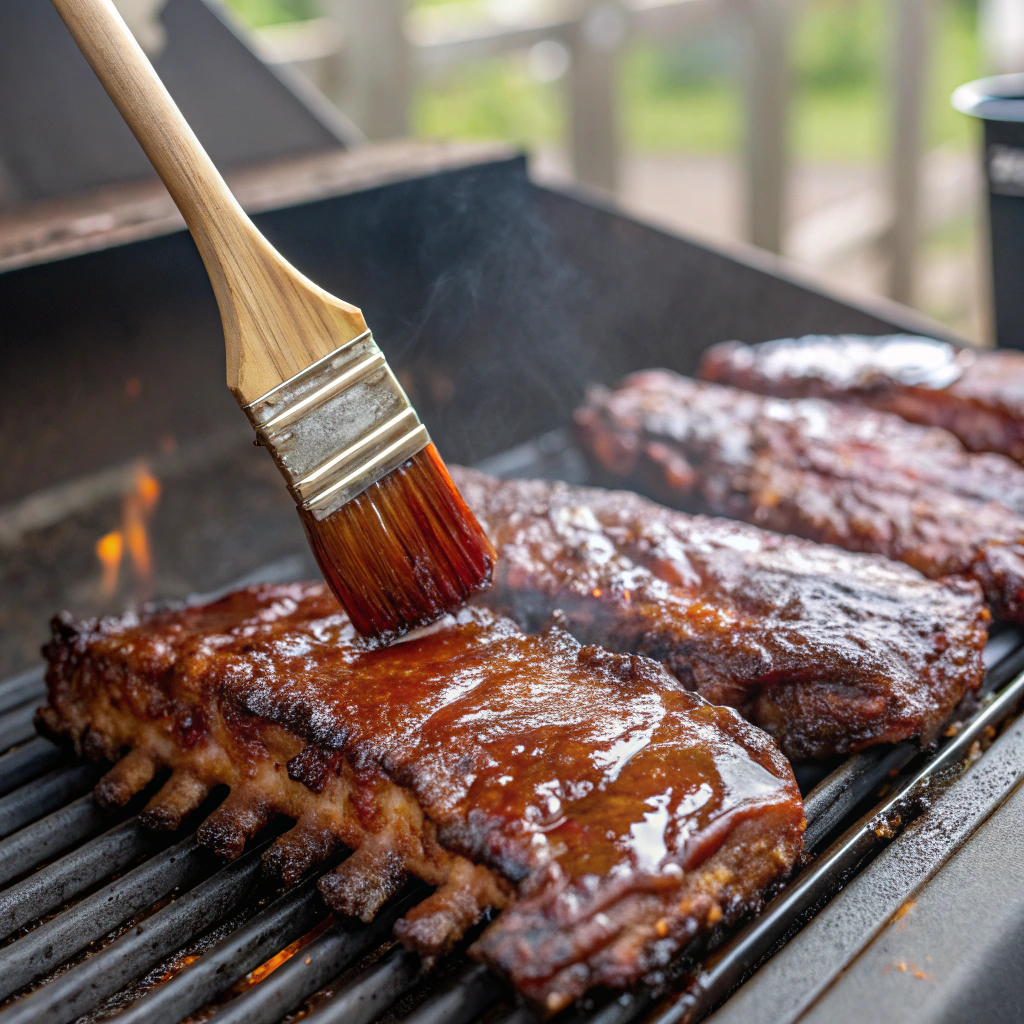 "Barbecue beef ribs sizzling on the grill, ready to be glazed with BBQ sauce."

