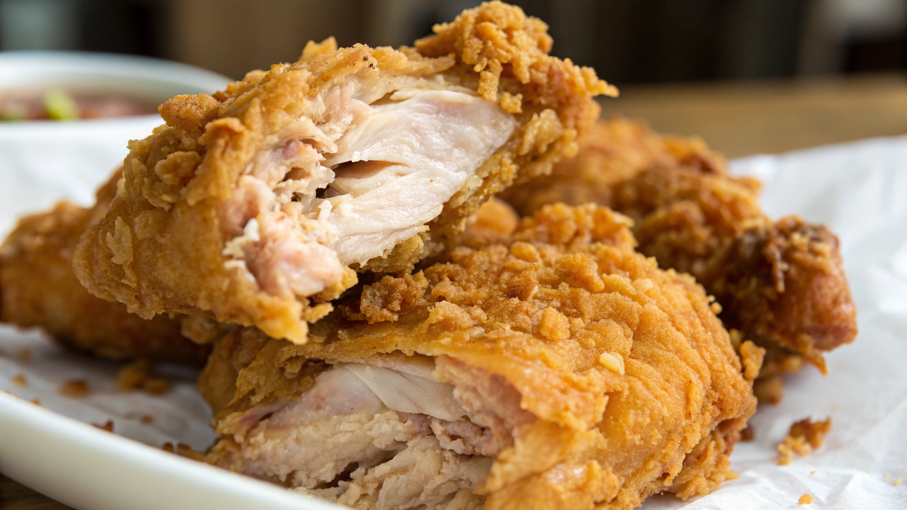 Crispy fried chicken served with golden, crunchy texture from the most famous fried chicken brands like KFC, Popeyes, and Chick-fil-A.