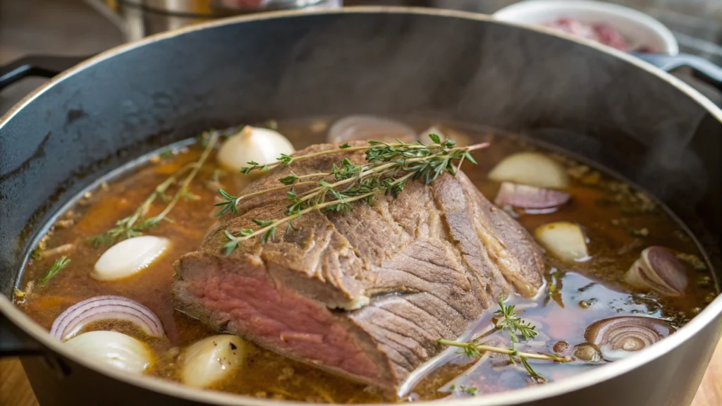 Brisket simmering in a pot with garlic, onions, and herbs