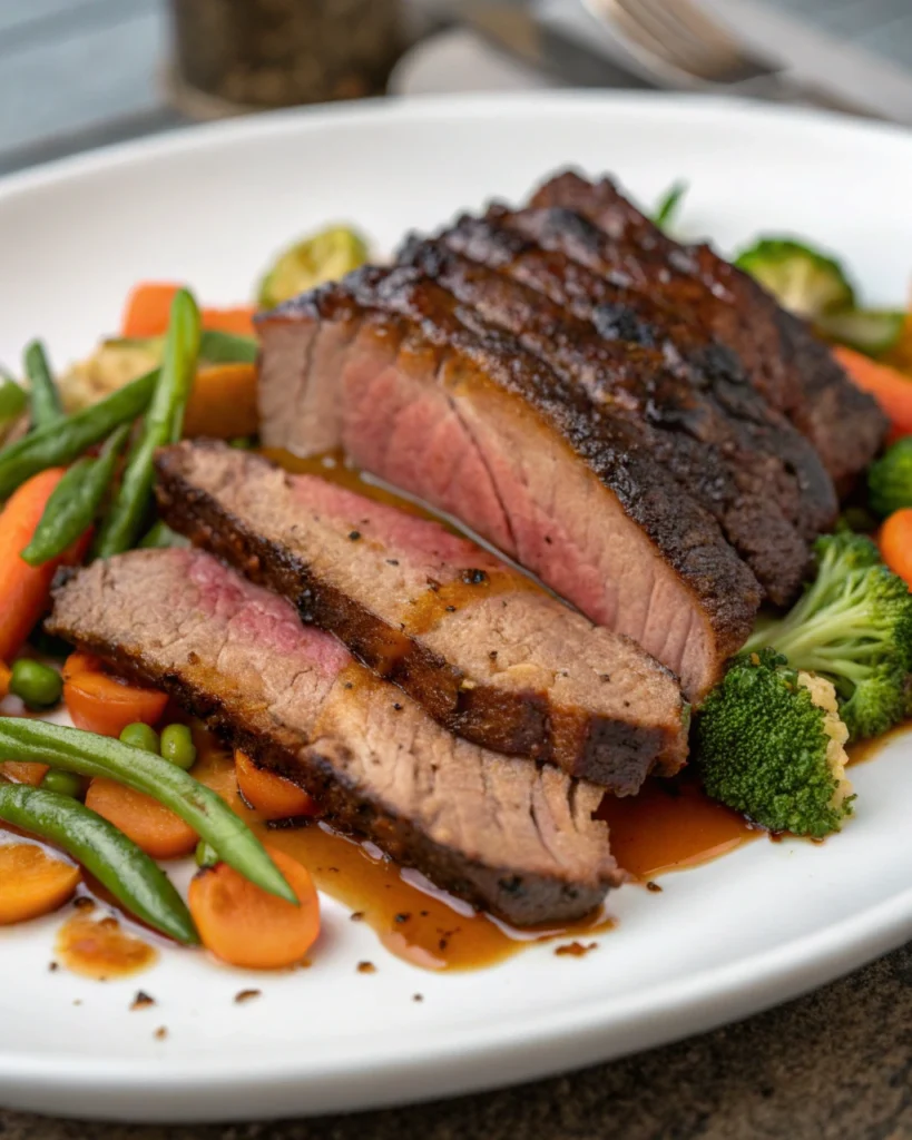 "Brisket slow cooking in savory broth with garlic, onions, and herbs"