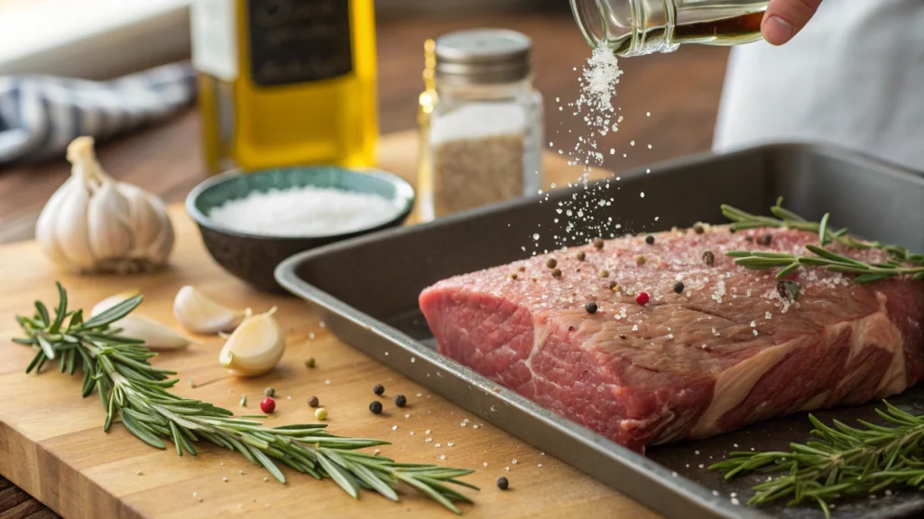 "Brisket simmering in savory broth with garlic, onions, and herbs for recipe preparation"