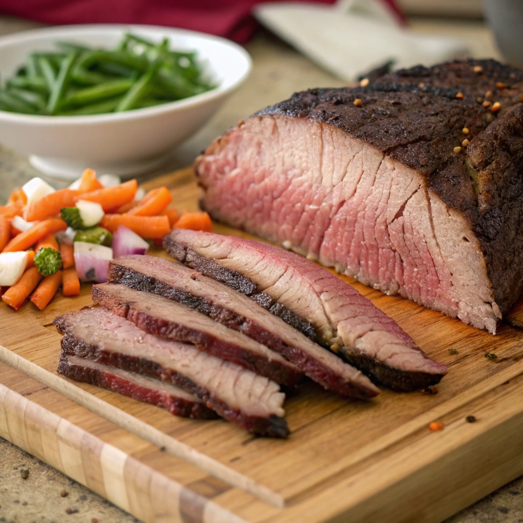 Lean cut of brisket prepared with fresh vegetables ready for cooking