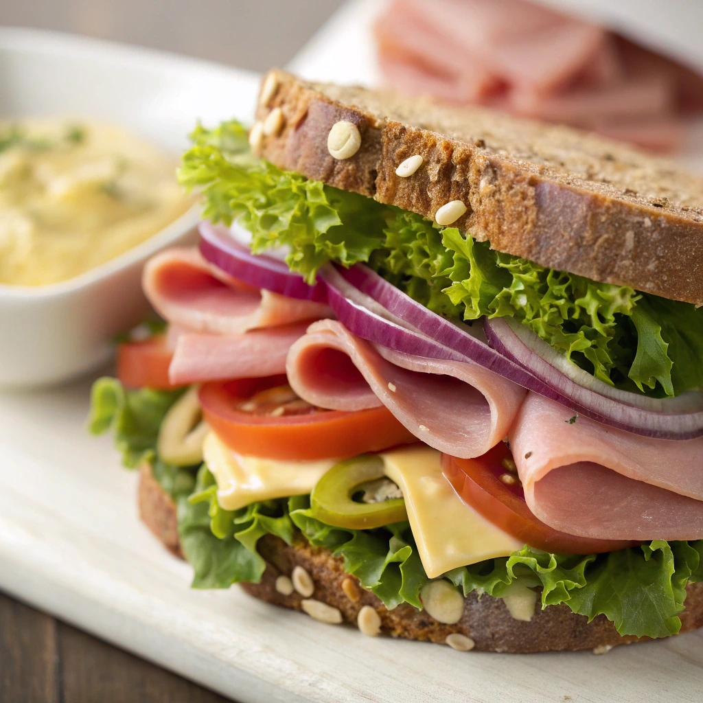 A delicious Mortadella sandwich made with whole-grain bread, fresh vegetables, and a light mustard dressing, emphasizing healthier sandwich choices.