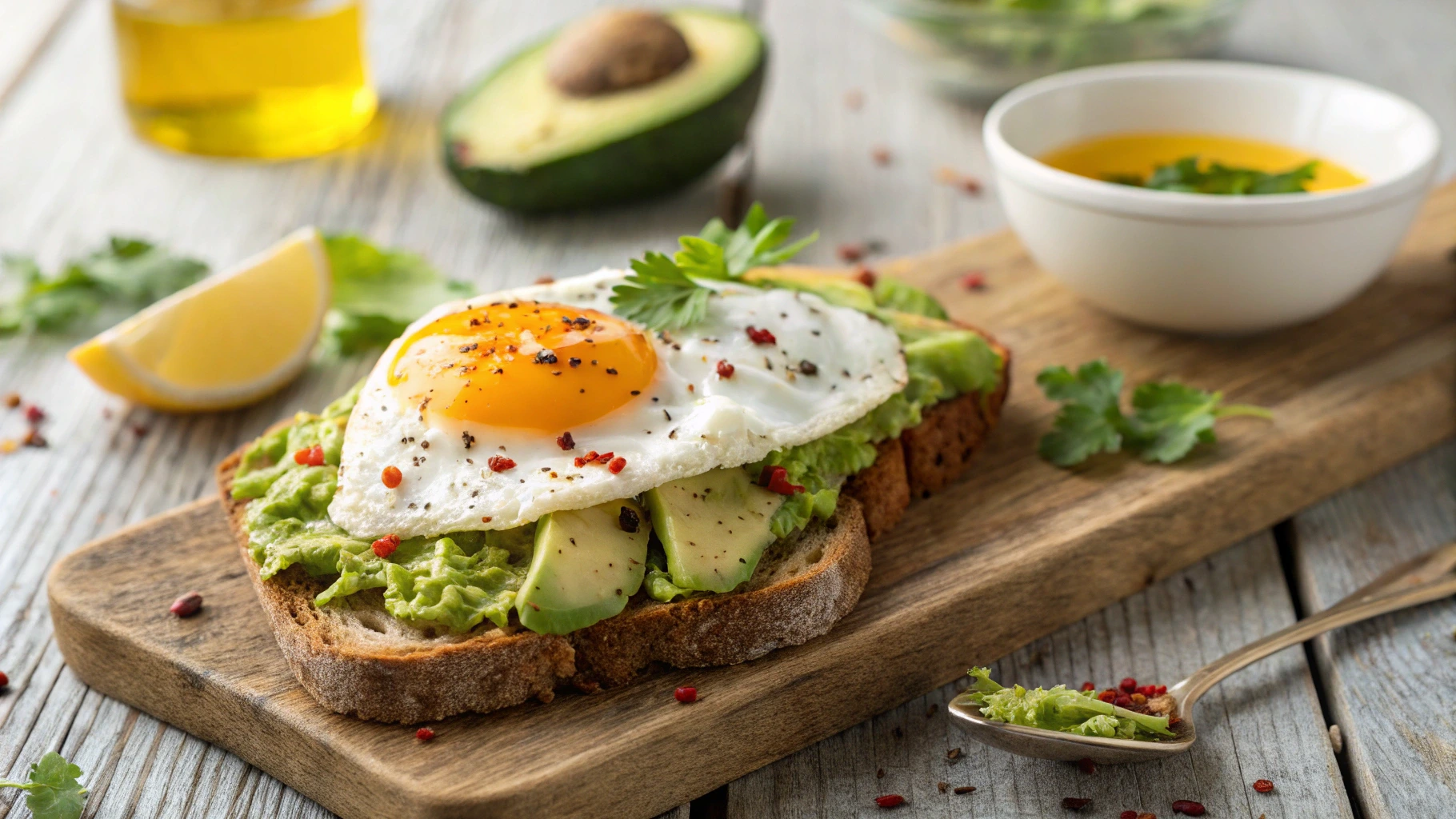 Flat-lay of avocado toast with a perfectly fried egg, garnished with cilantro and chili flakes on whole grain bread, served with olive oil and a lemon wedge.