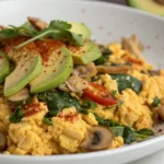 Plant-Based Tofu Scramble served with fresh avocado slices, red pepper flakes, and vegetables like bell peppers, spinach, and mushrooms for a healthy breakfast.