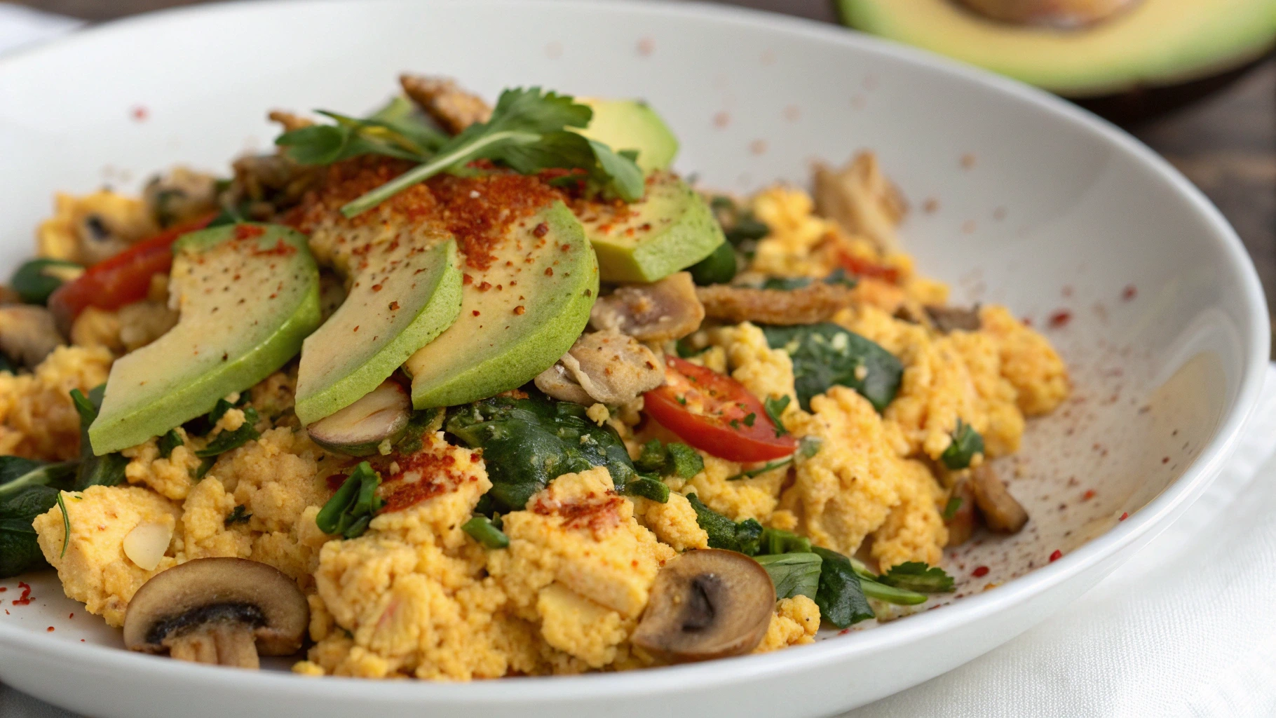 Plant-Based Tofu Scramble served with fresh avocado slices, red pepper flakes, and vegetables like bell peppers, spinach, and mushrooms for a healthy breakfast.