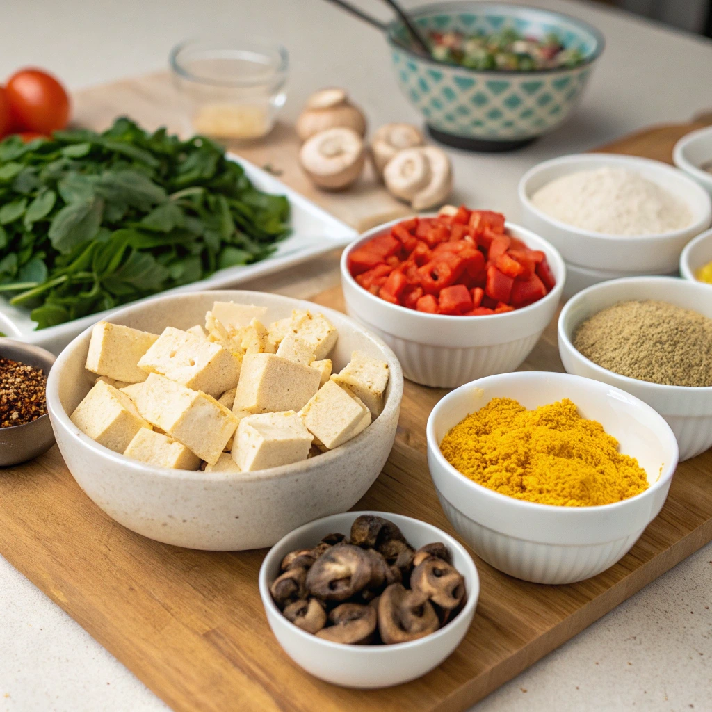 Essential ingredients for Plant-Based Tofu Scramble: firm tofu, turmeric, nutritional yeast, black salt, bell peppers, mushrooms, and spinach on a kitchen counter.