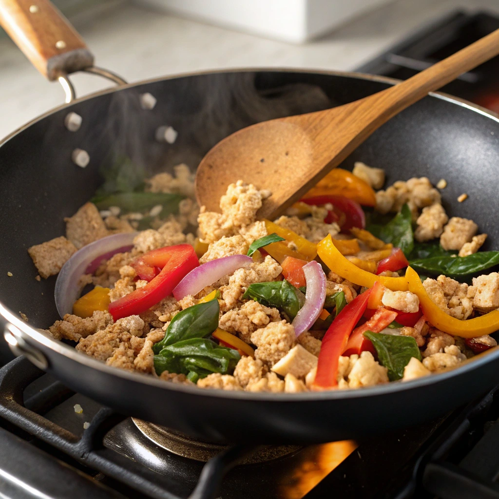 Cooking Plant-Based Tofu Scramble in a skillet with crumbled tofu, sautéed vegetables like bell peppers, onions, and spinach.