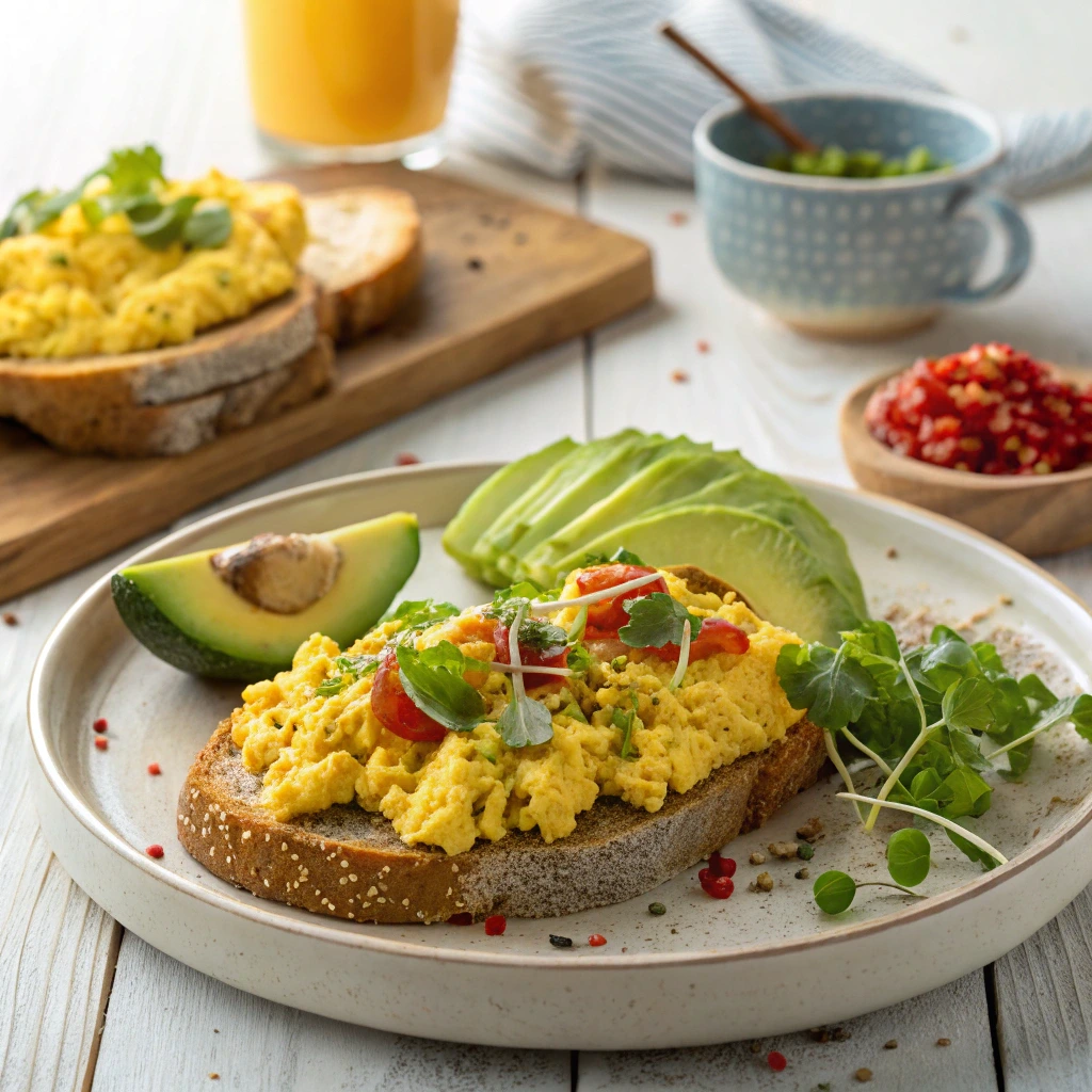 Plant-Based Tofu Scramble served with avocado toast and fruit, a complete plant-based breakfast.