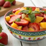 Fresh March Recipes fruit salad with strawberries, citrus, and mangoes, topped with mint leaves.