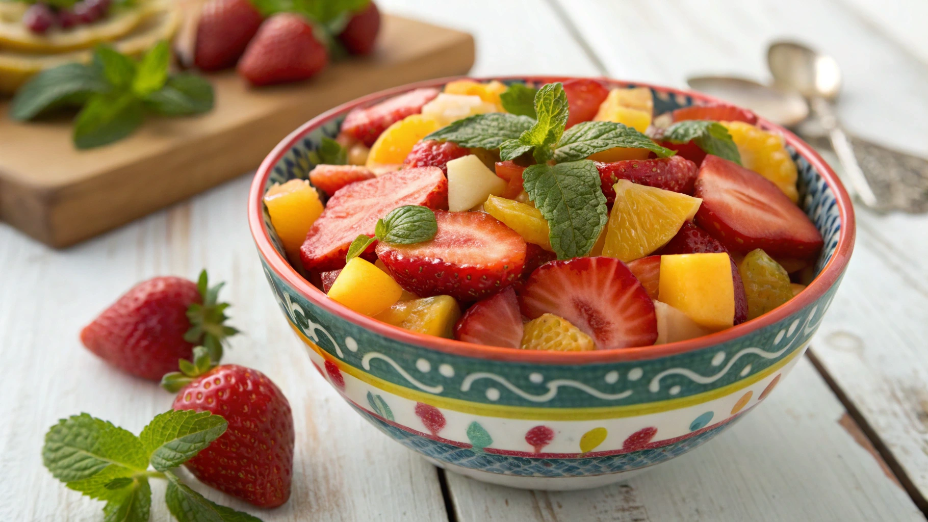 Fresh March Recipes fruit salad with strawberries, citrus, and mangoes, topped with mint leaves.