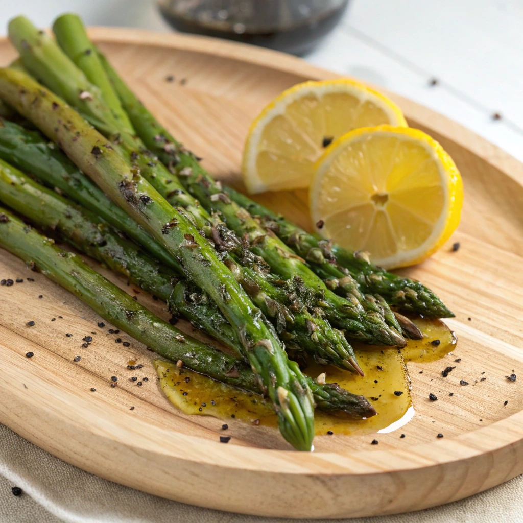 Fresh March Recipes: Roasted asparagus with lemon and black pepper.