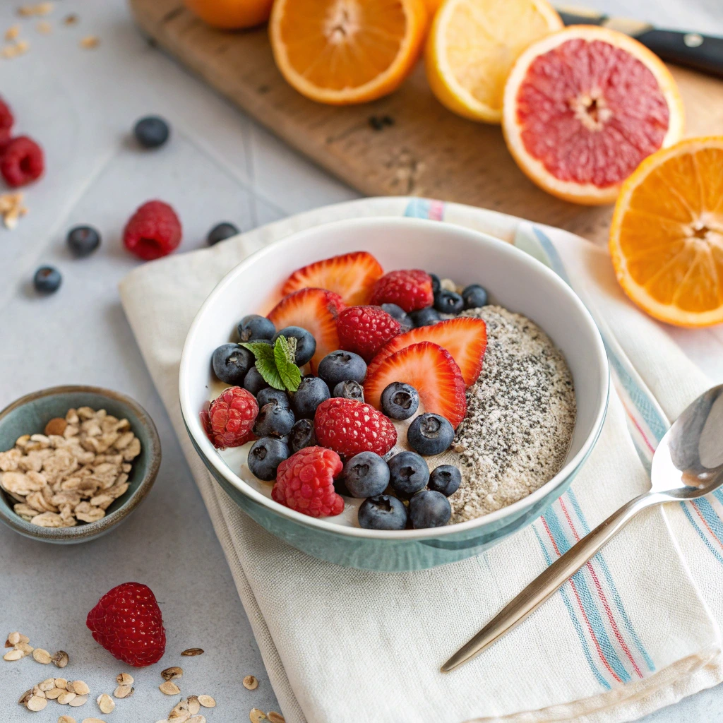 Fresh March Recipes energizing chia pudding with berries and citrus fruits.