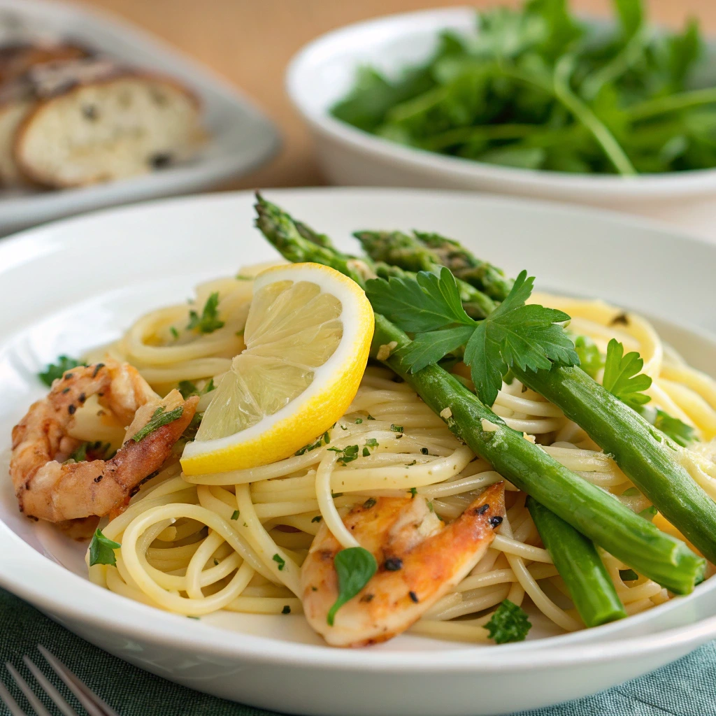 Fresh March Recipes: Simple pasta with lemon and asparagus, side of grilled shrimp salad.