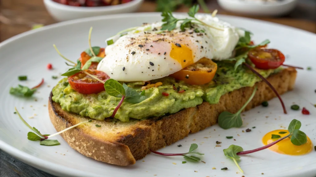 Avocado toast with a perfectly cooked egg on top, garnished with fresh herbs and served on whole grain bread.