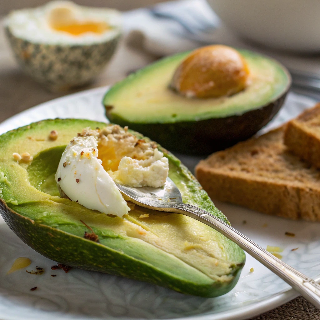 Sliced avocado with a spoon scooping out the flesh, alongside avocado toast with egg.
