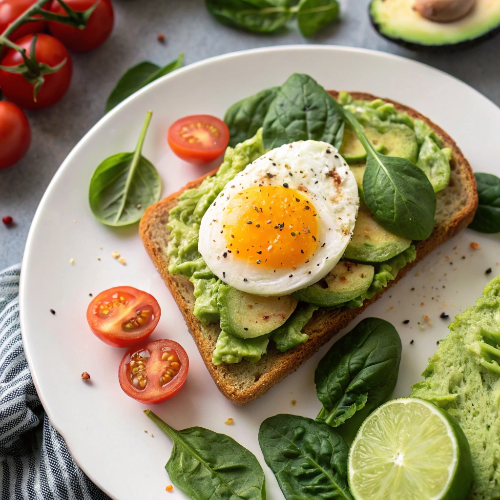 Avocado toast with egg, topped with spinach, tomato, and cucumber on whole grain bread.