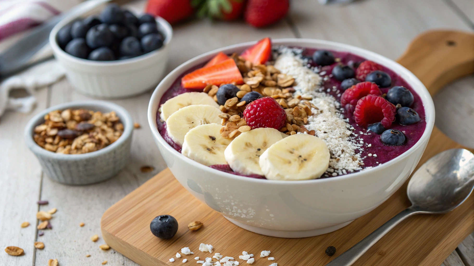 "Vibrant acai bowl topped with granola, sliced bananas, fresh berries, chia seeds, and coconut flakes."