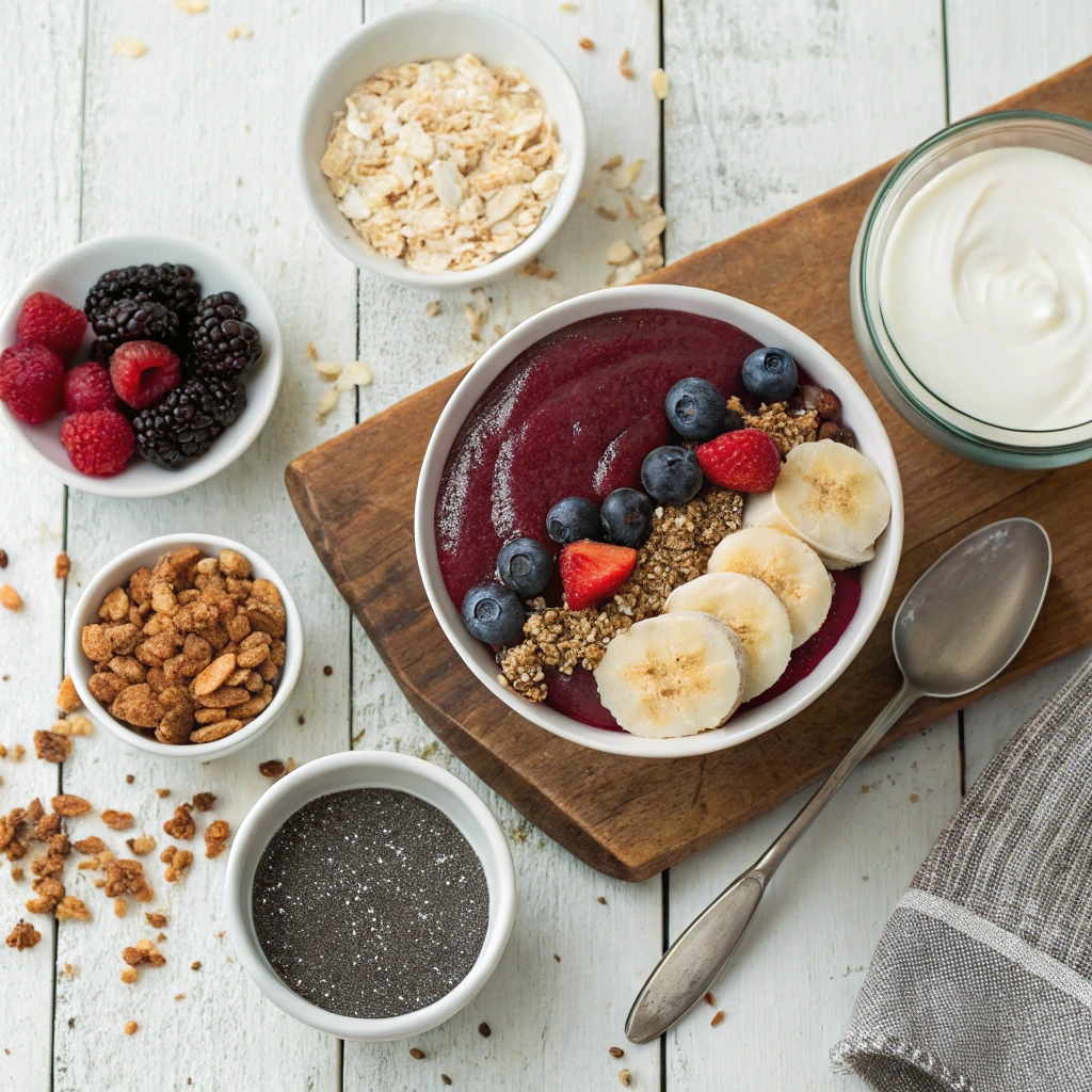 "Flat lay of key ingredients for acai bowl including acai puree, bananas, mixed berries, granola, coconut flakes, chia seeds, and nut milk."

