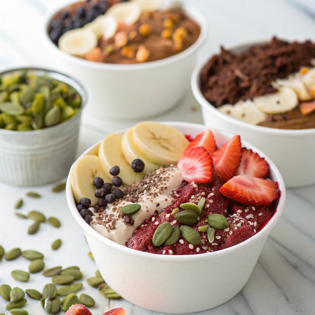 "Various acai bowls with different toppings like nut butter, cacao nibs, pumpkin seeds, and fresh fruit."


