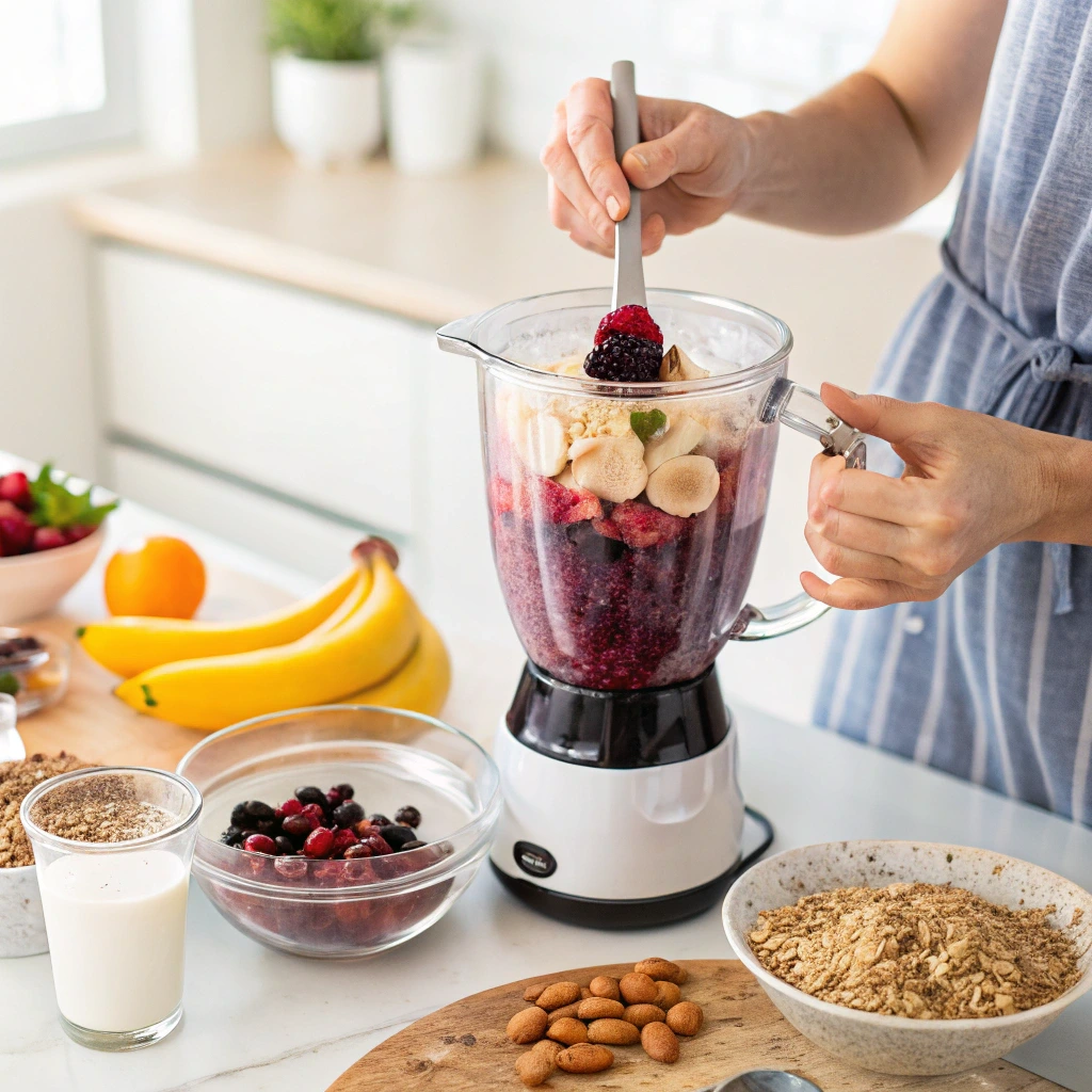 "Person blending acai berries and bananas in a kitchen blender with ingredients nearby."

