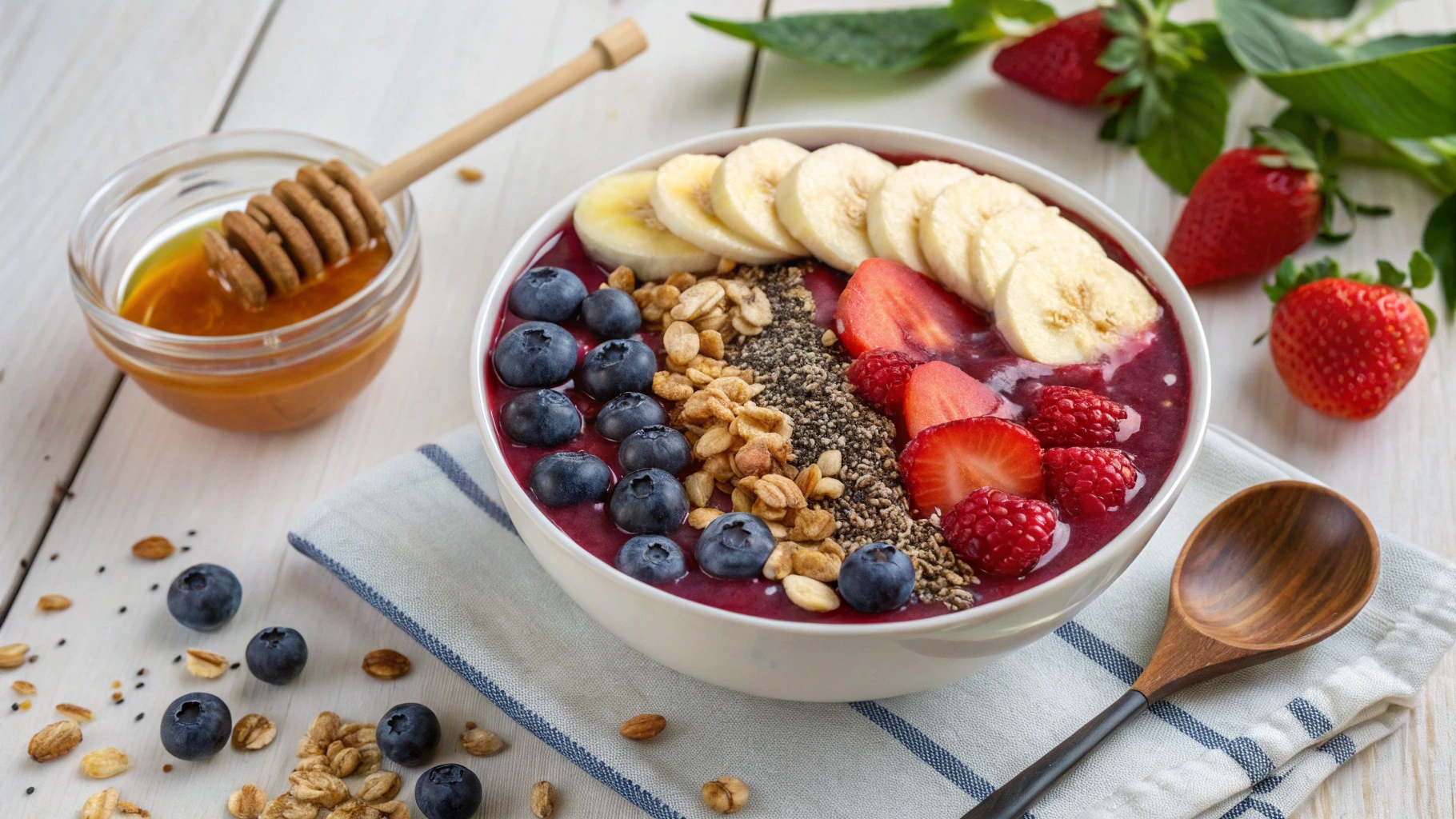 Vibrant acai smoothie bowl topped with fresh fruits and granola, showcasing a healthy and colorful breakfast.