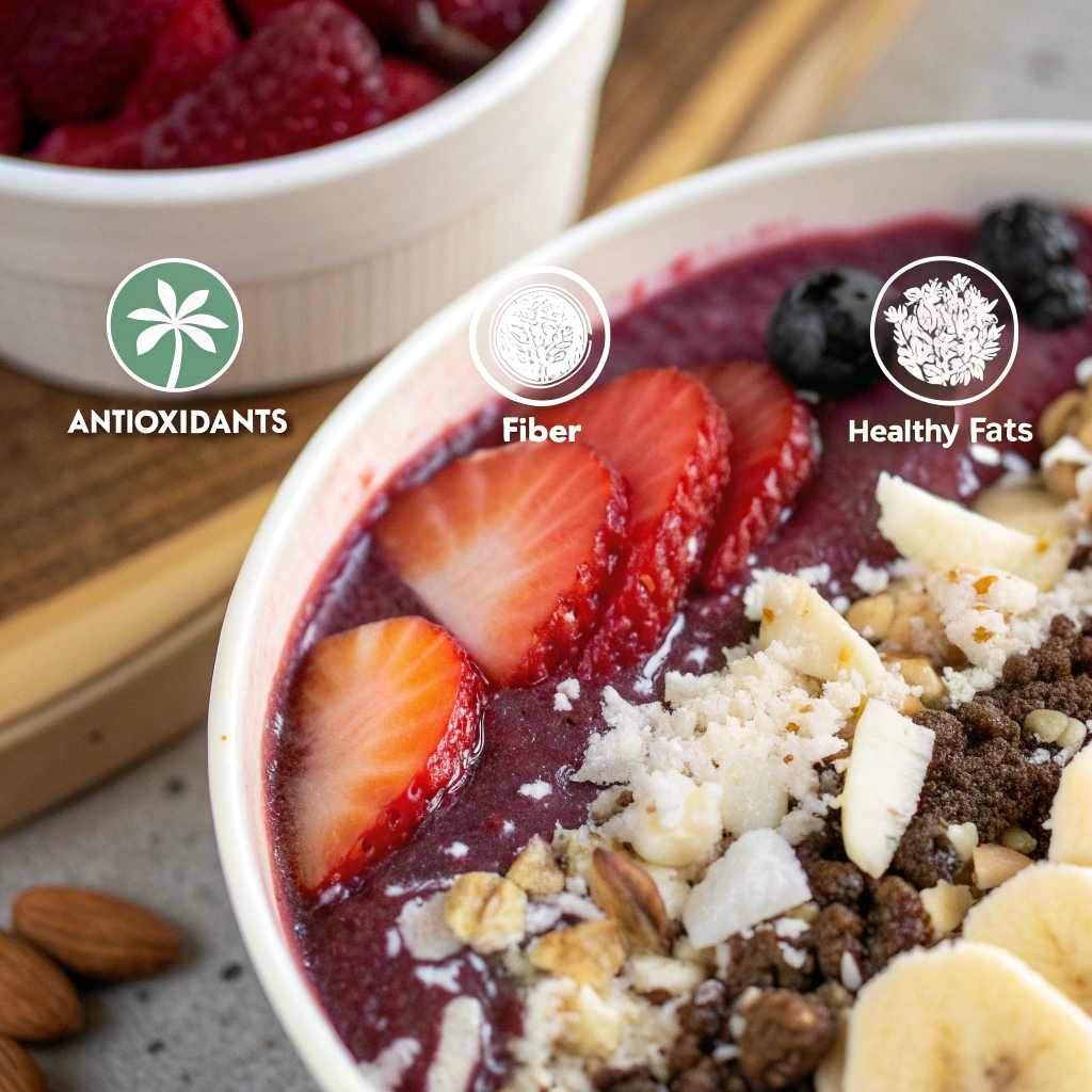 Close-up of an acai smoothie bowl with chia seeds, almond butter, and coconut flakes, emphasizing its healthy nutritional ingredients.