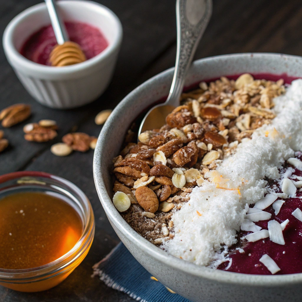 Acai smoothie bowl with processed sugary toppings like granola and sweetened coconut flakes, highlighting potential health concerns.