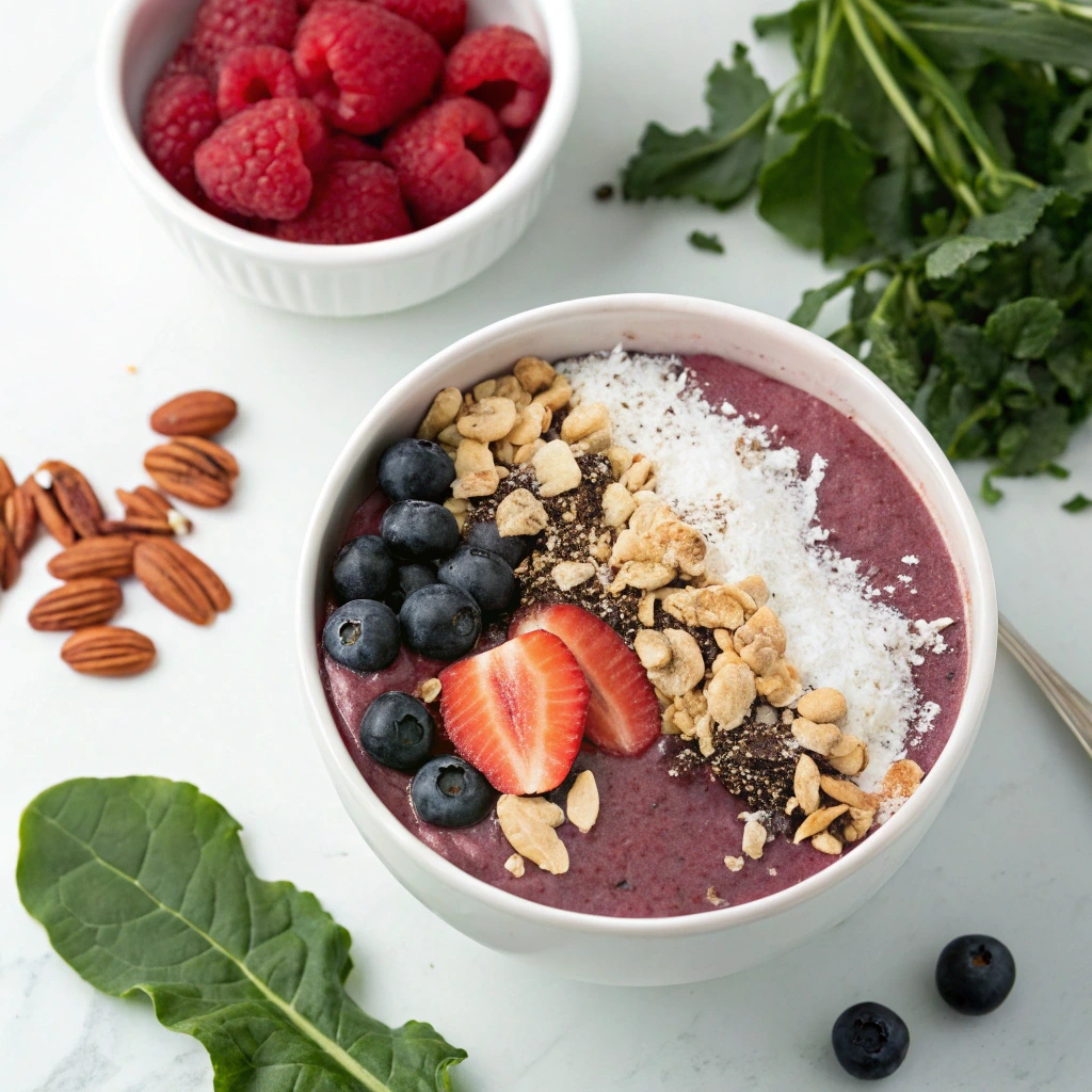 Healthy acai smoothie bowl made with unsweetened acai, fresh berries, and raw nuts, perfect for a nutrient-dense meal.