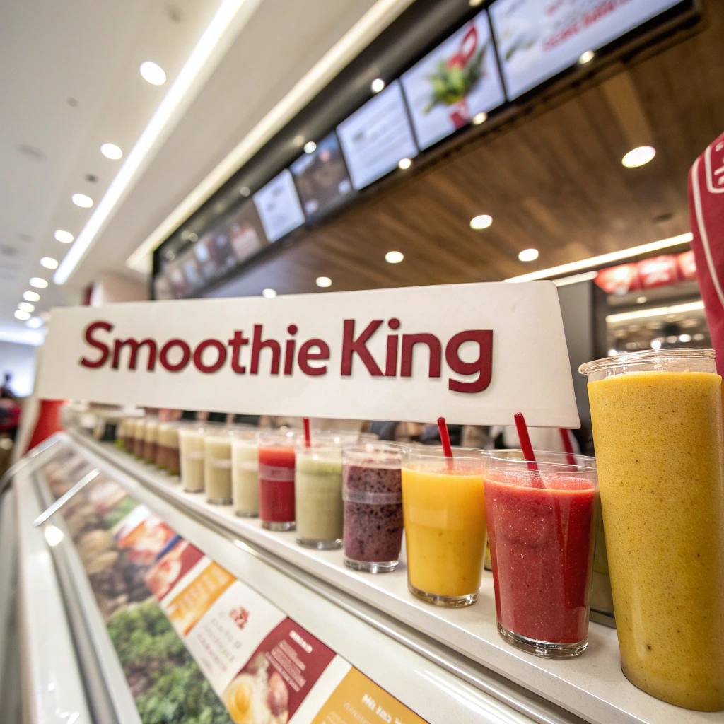 Smoothie King store offering healthy smoothies on display.