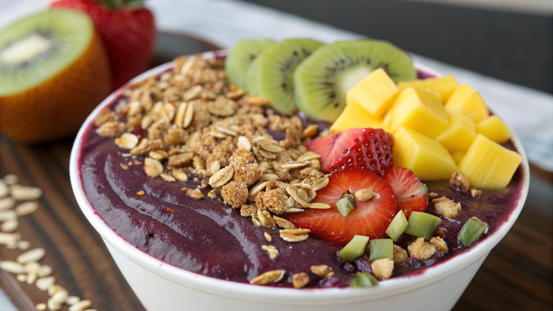 Acai smoothie bowl with fruits and granola at Smoothie King.