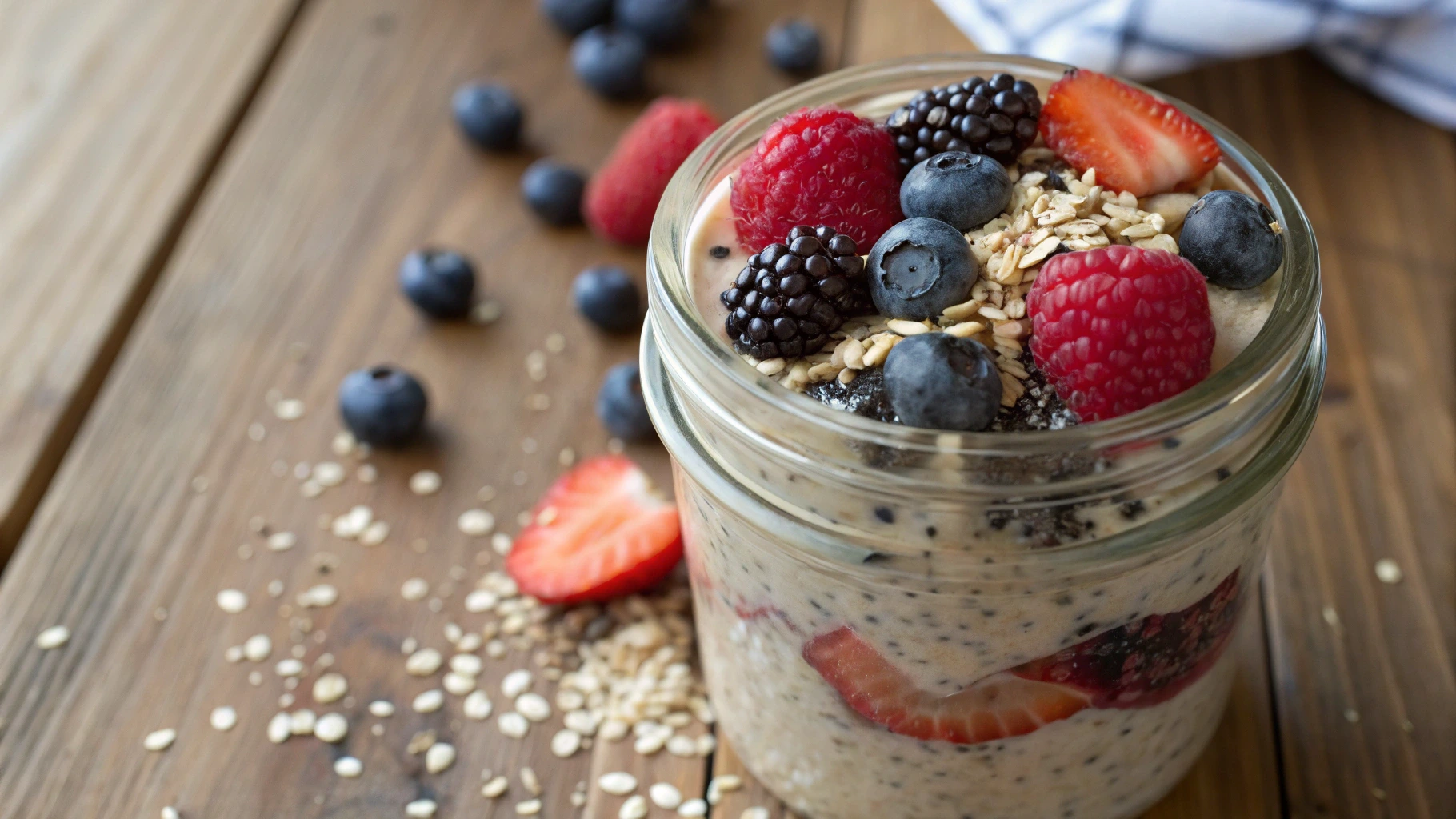 Mush Overnight Oats with fresh berries and chia seeds.