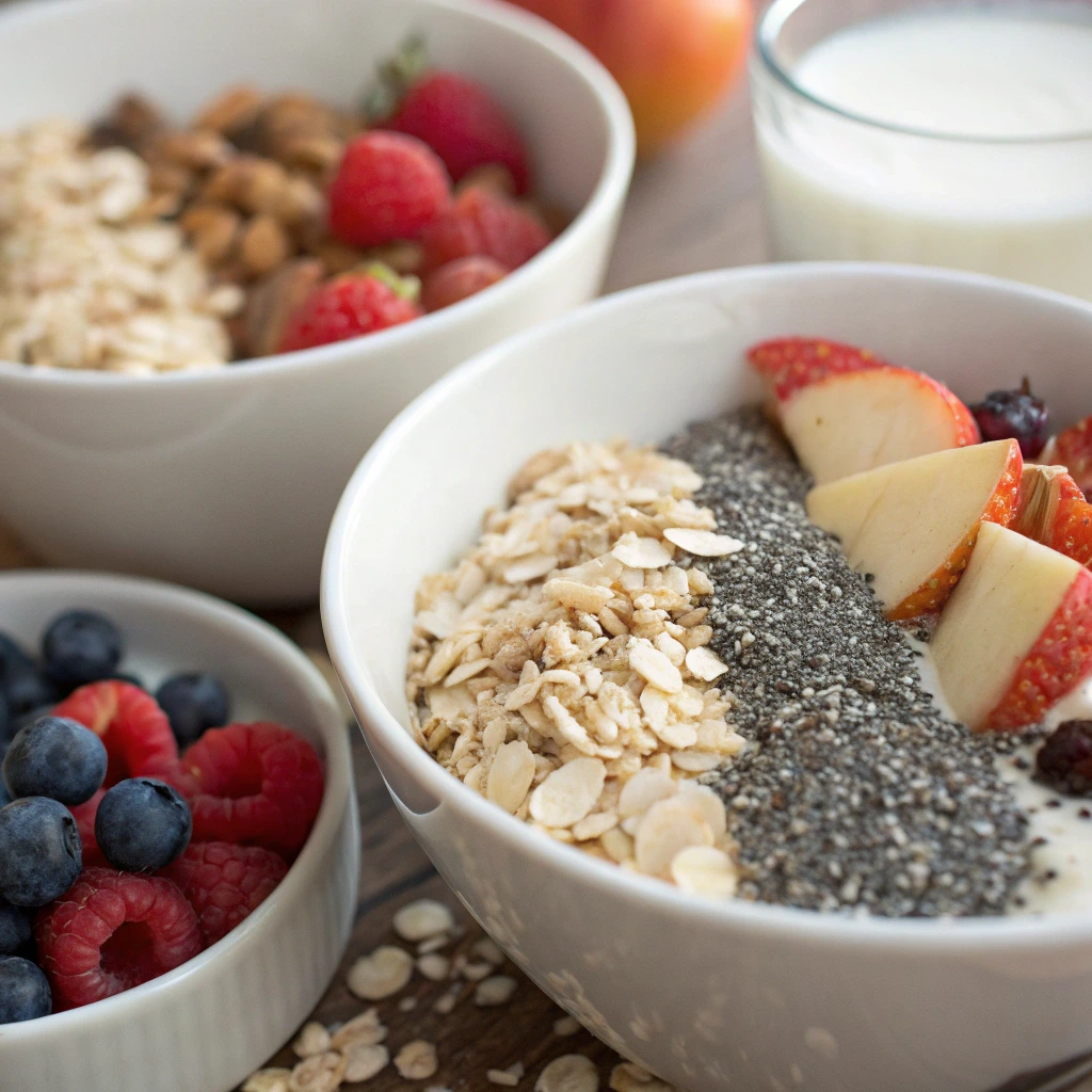 Ingredients for mush overnight oats including rolled oats, chia seeds, almond milk, and fresh fruit.