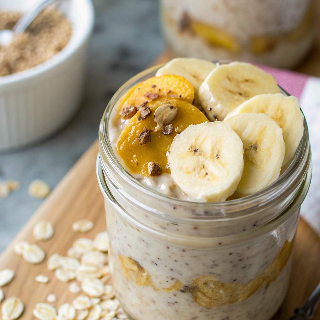 Serving mush overnight oats with bananas and almond butter.