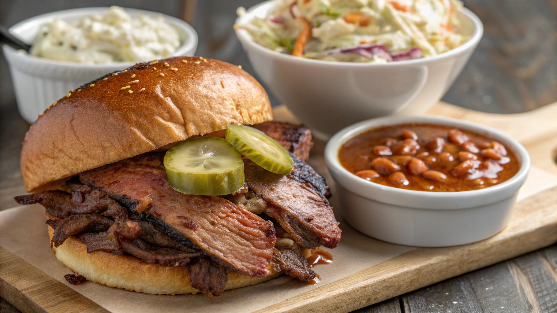 "Brisket sandwich served with coleslaw, jalapeño cornbread, and baked beans"