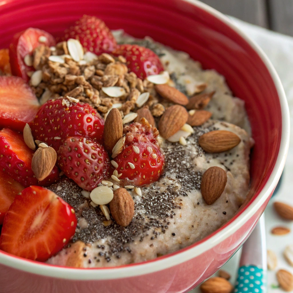 Nutritious overnight oats topped with fresh strawberries, chia seeds, almonds, and cinnamon.