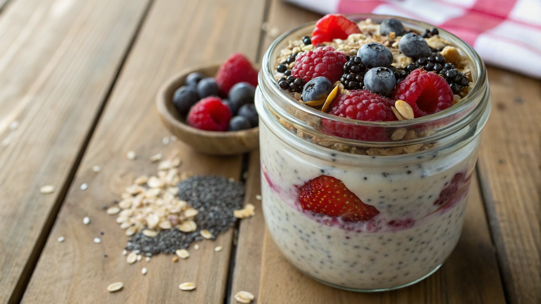 Healthy overnight oats with fresh berries, chia seeds, and almond milk in a rustic jar on a wooden table.