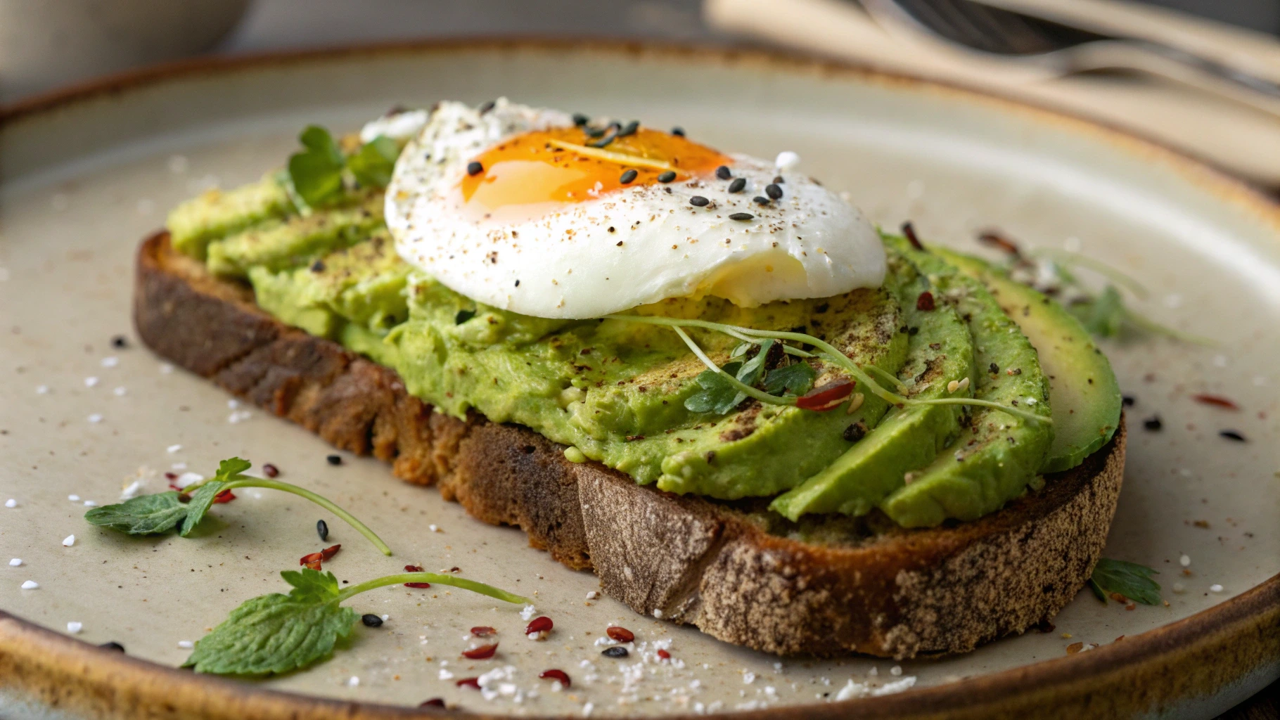 Simple Avocado Toast with Egg, freshly prepared and garnished with herbs.