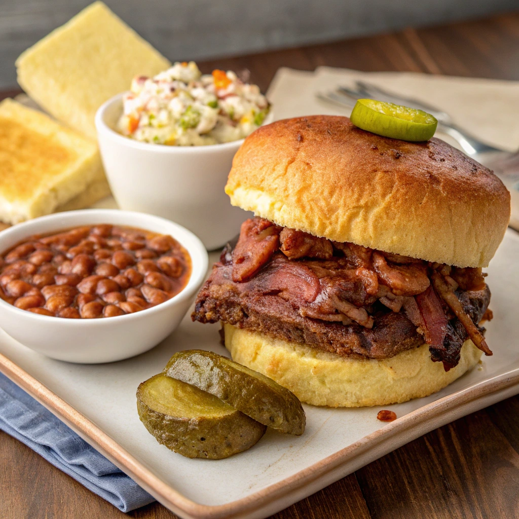 "Texas-style brisket sandwich with coleslaw, jalapeño cornbread, and baked beans"

