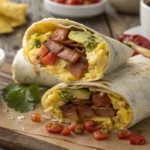 Delicious Bad-Ass Breakfast Burrito with scrambled eggs, crispy bacon, and fresh veggies like avocado, wrapped in a golden tortilla.