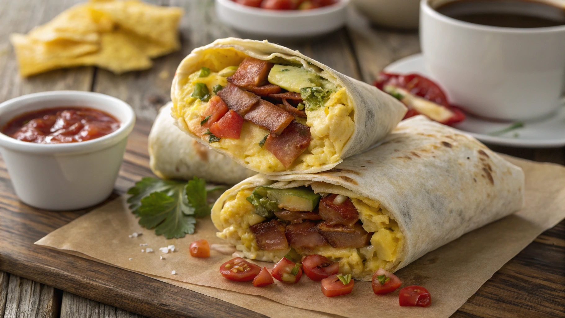 Delicious Bad-Ass Breakfast Burrito with scrambled eggs, crispy bacon, and fresh veggies like avocado, wrapped in a golden tortilla.