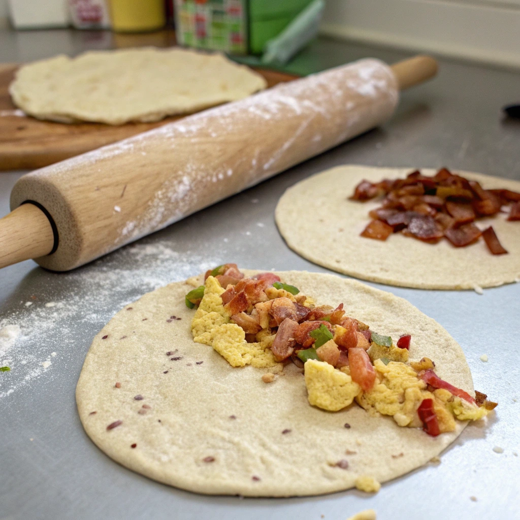 "Two soft tortillas, one flour and one whole-wheat, with breakfast burrito ingredients like eggs, bacon, and vegetables scattered around."

