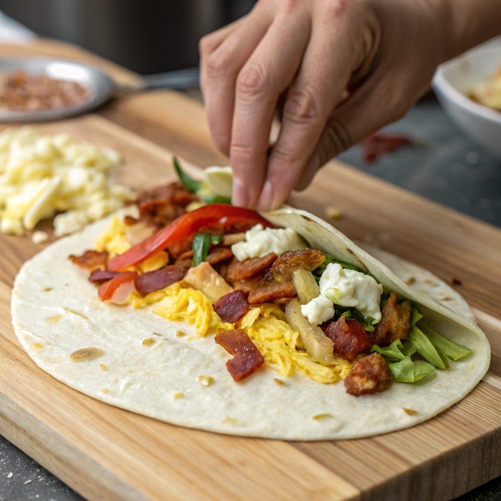 "Hand assembling a Bad-Ass Breakfast Burrito with layers of scrambled eggs, bacon, fresh veggies, and cheese on a wooden board."

