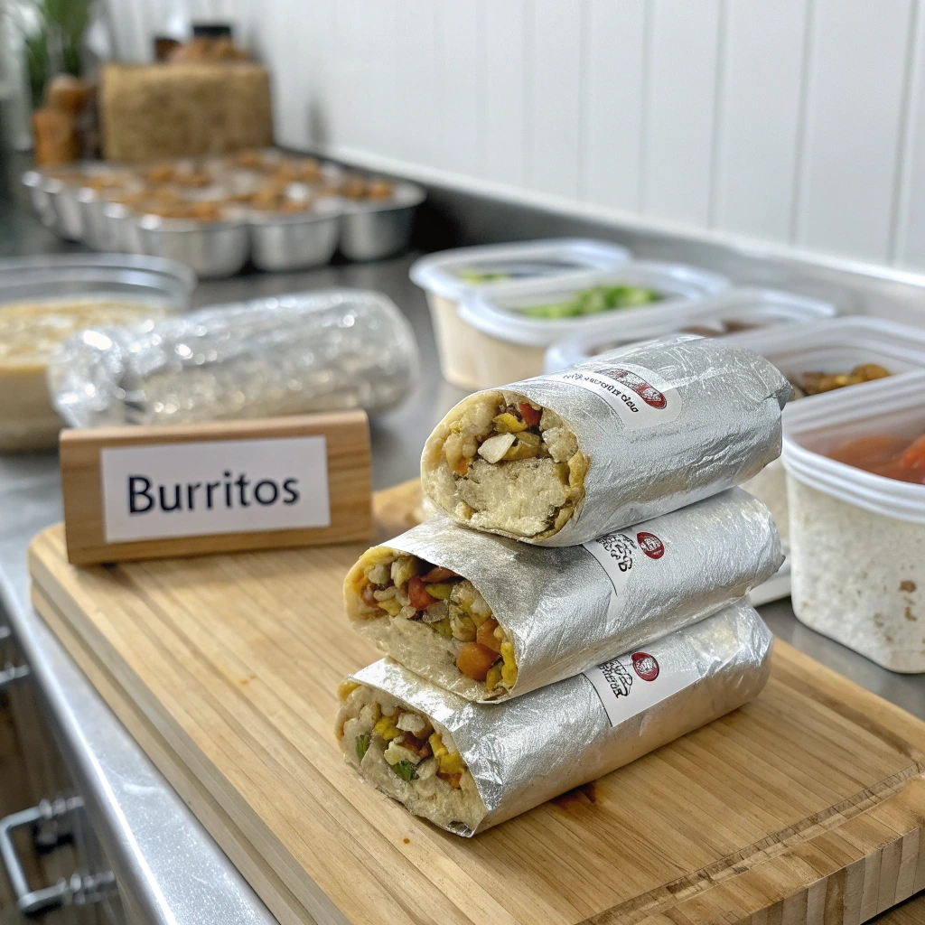 "Bad-Ass Breakfast Burritos wrapped in foil and stacked neatly for meal prep and easy storage."

