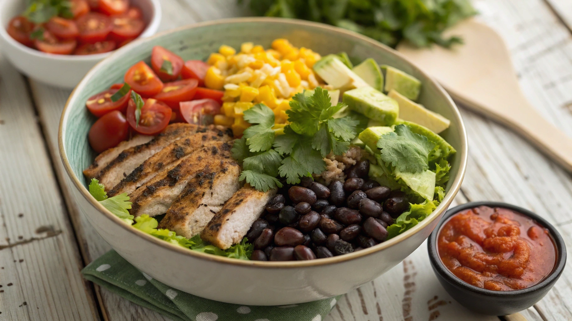 Colorful taco bowl meal prep with seasoned ground beef, chicken, fresh vegetables, and beans.