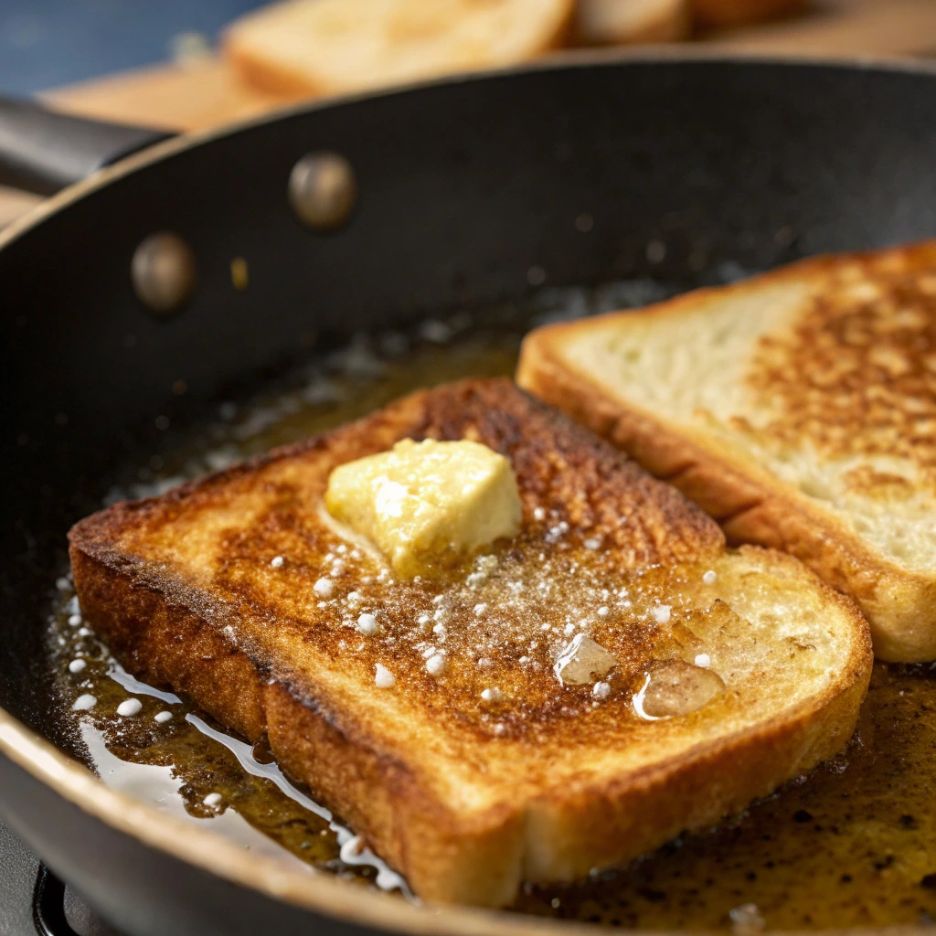 Toast in skillet turning golden brown and crispy with butter.